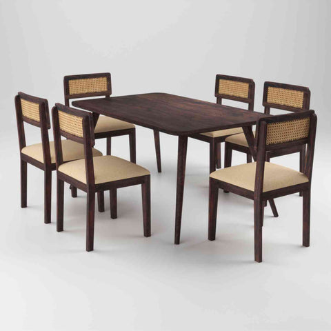 Canejoy Solid Sheesham Wood 6 Seater Dining Table With 6 Chairs (With Cushion, Walnut Finish)