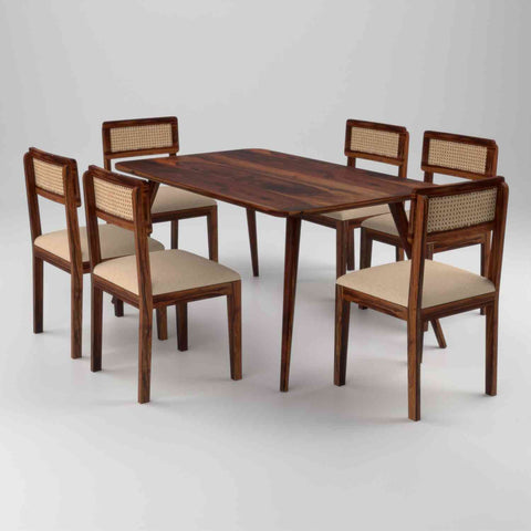 Canejoy Solid Sheesham Wood 6 Seater Dining Table With 6 Chairs (With Cushion, Natural Finish)