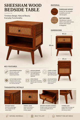 Canejoy Solid Sheesham Wood Bedside Table With 1 Drawer (Natural Finish)