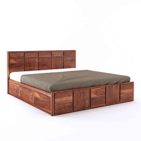 Mobell Solid Sheesham Wood Hydraulic Bed With Box Storage (King Size, Natural Finish)