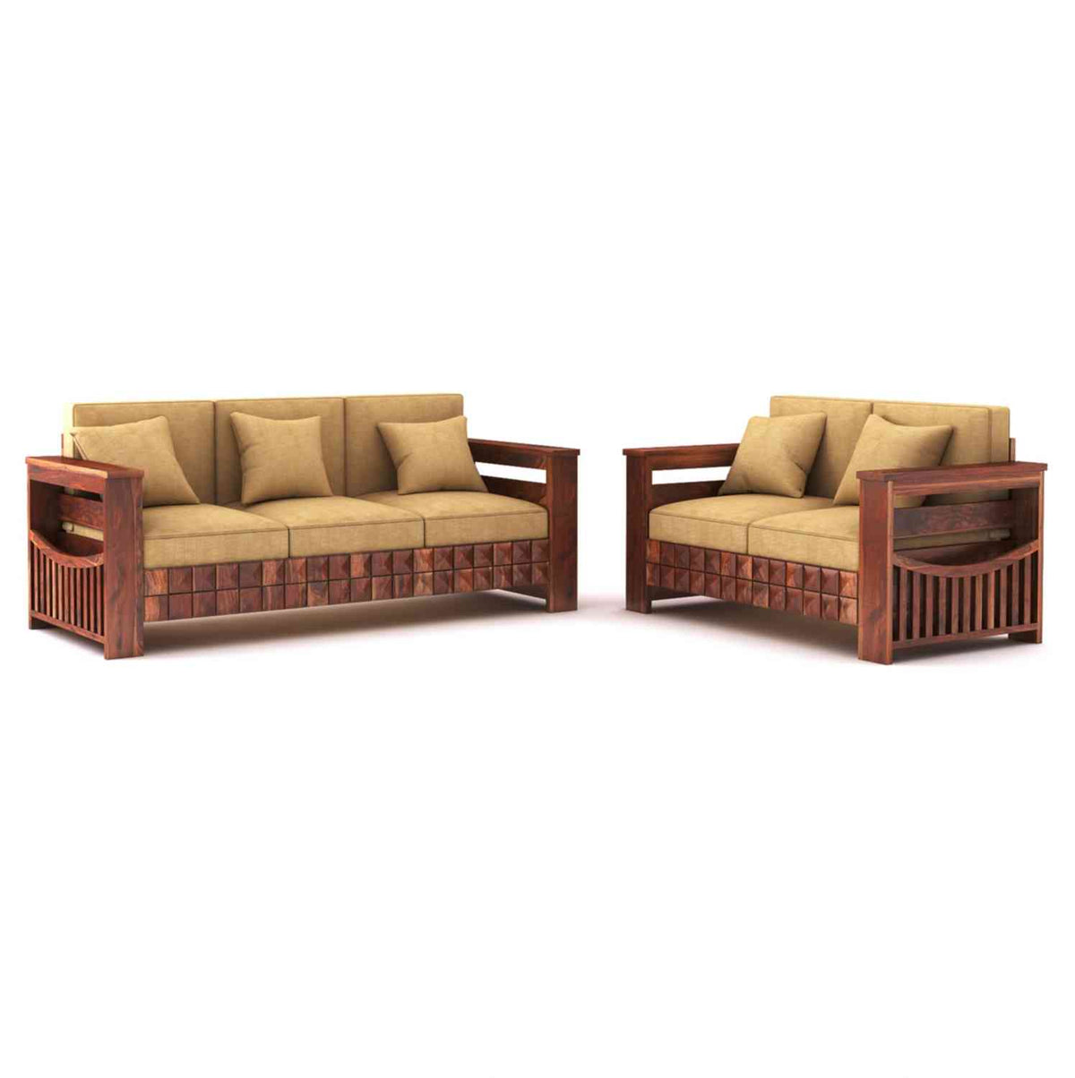 Sofia Solid Sheesham Wood 5 Seater Sofa Set (Natural Finish, 3+2)