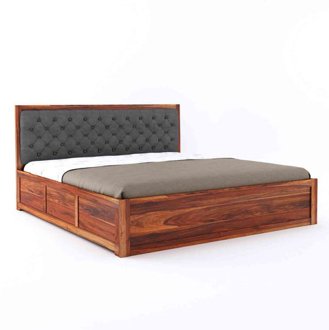 Elementra Solid Sheesham Wood Hydraulic Bed With Box Storage (Queen Size, Natural Finish)