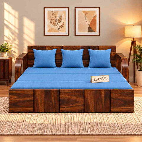 Mobell Solid Sheesham Wood 3 Seater Sofa Cum Bed (Walnut Finish, Sky Blue)