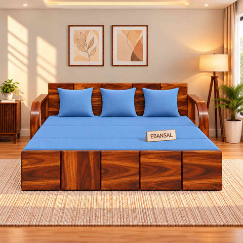 Mobell Solid Sheesham Wood 3 Seater Sofa Cum Bed (Natural Finish, Sky Blue)