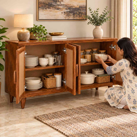 Canejoy Solid Sheesham Wood Sideboard (Natural Finish)