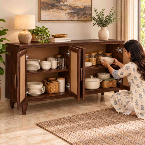 Canejoy Solid Sheesham Wood Sideboard (Walnut Finish)