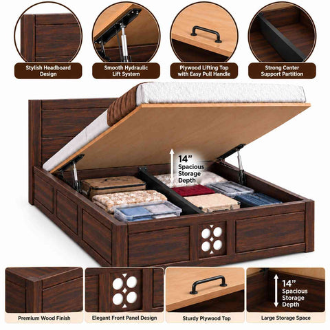 Monstro Solid Sheesham Wood Hydraulic Bed With Box Storage (King Size, Walnut Finish)