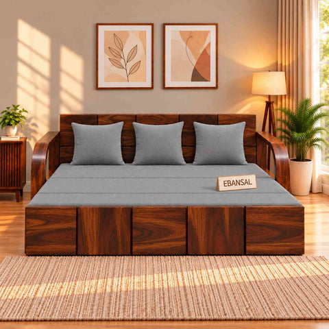 Mobell Solid Sheesham Wood 3 Seater Sofa Cum Bed (Walnut Finish, Light Grey)