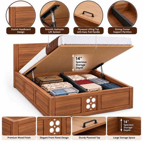 Monstro Solid Sheesham Wood Hydraulic Bed With Box Storage (King Size, Natural Finish)