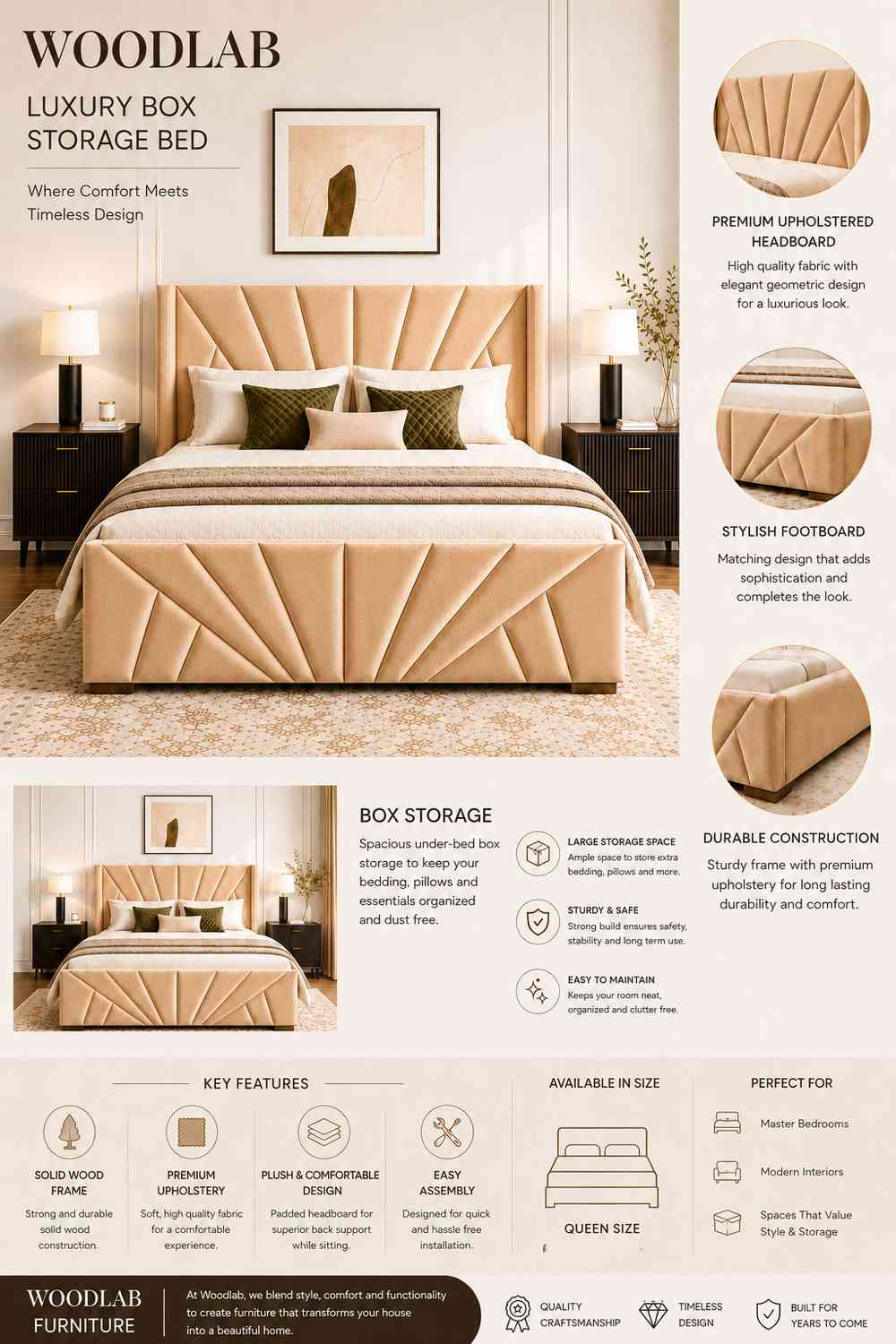 Embrace Premium Fabric Bed With Box Storage (Queen Size, Beige)