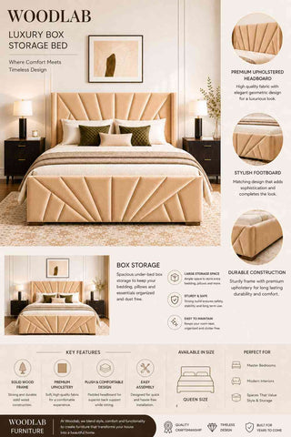 Embrace Premium Fabric Bed With Box Storage (Queen Size, Beige)
