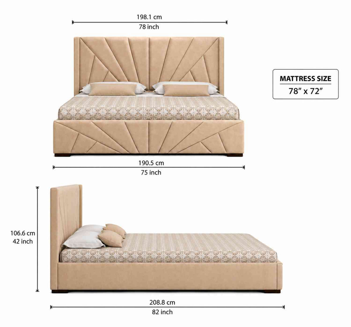 Embrace Premium Fabric Bed With Box Storage (King Size, Beige)