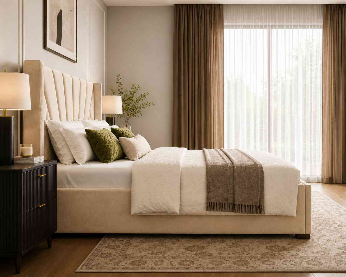 Embrace Premium Fabric Bed With Box Storage (King Size, Beige)