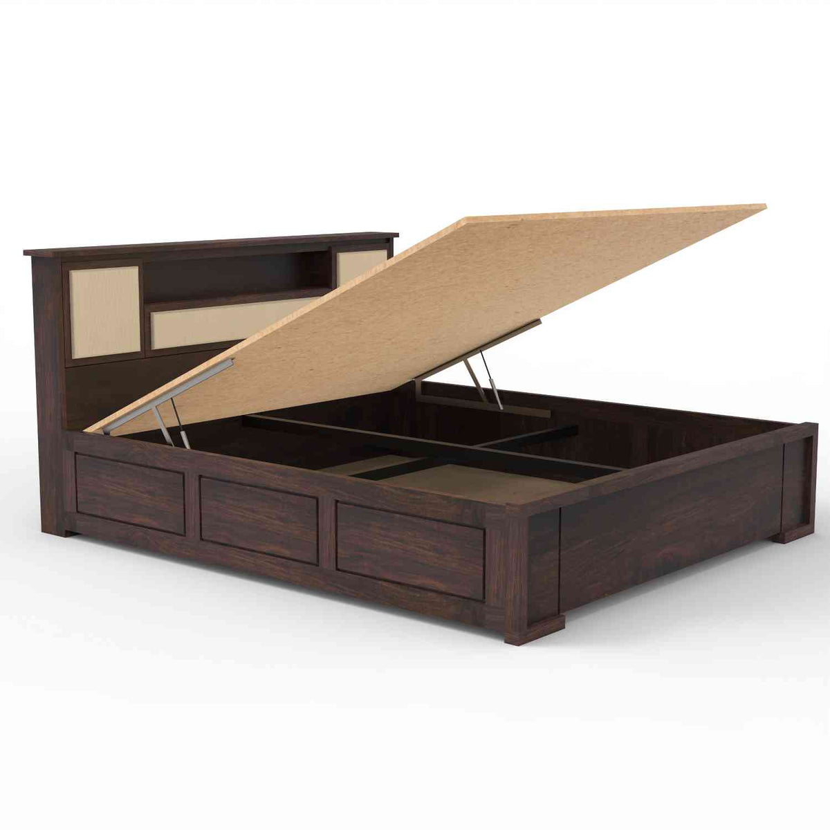 Feelinn Solid Sheesham Wood Hydraulic Bed With Box Storage (King Size, Walnut Finish)