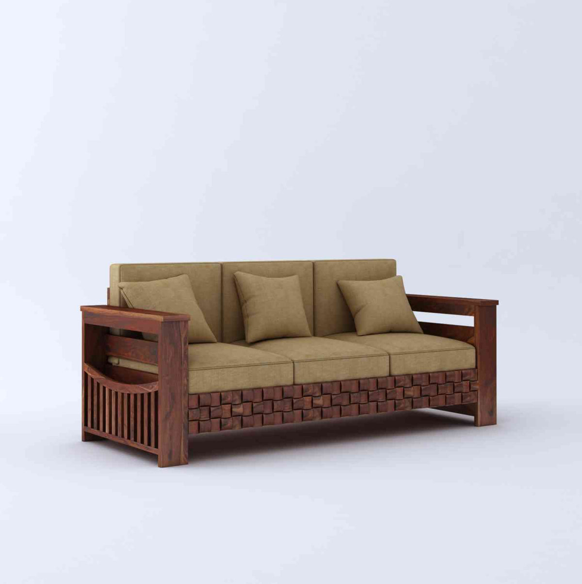 Olivia Solid Sheesham Wood 5 Seater Sofa Set With Coffee Table (3+2, Natural Finish)