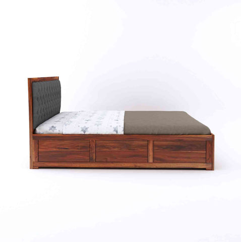 Elementra Solid Sheesham Wood Hydraulic Bed With Box Storage (Queen Size, Natural Finish)