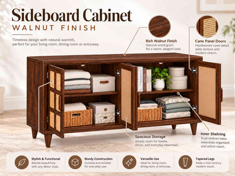 Canejoy Solid Sheesham Wood Sideboard (Walnut Finish)