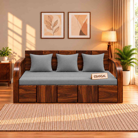 Mobell Solid Sheesham Wood 3 Seater Sofa Cum Bed (Walnut Finish, Light Grey)
