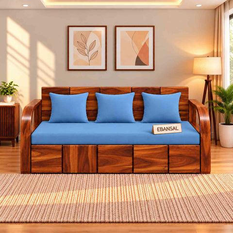 Mobell Solid Sheesham Wood 3 Seater Sofa Cum Bed (Natural Finish, Sky Blue)