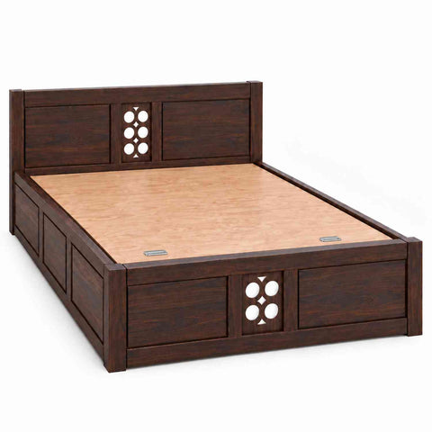 Monstro Solid Sheesham Wood Hydraulic Bed With Box Storage (King Size, Walnut Finish)