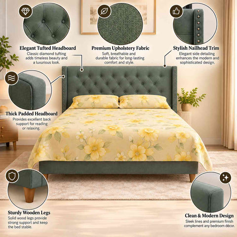Nova Premium Fabric Bed With Button Tufted Headboard (King Size, Light Sage Green)