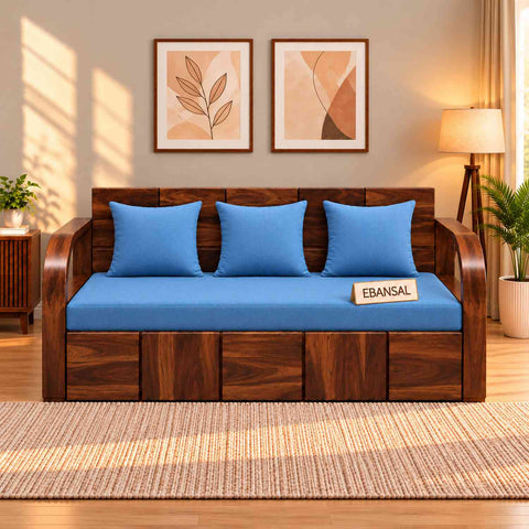 Mobell Solid Sheesham Wood 3 Seater Sofa Cum Bed (Walnut Finish, Sky Blue)