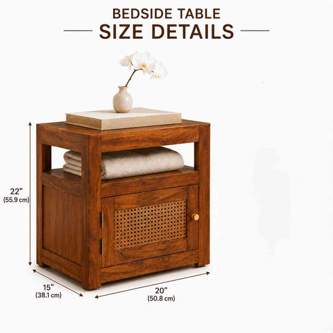 Canejoy Solid Sheesham Wood Bedside Table With 1 Door (Natural Finish)