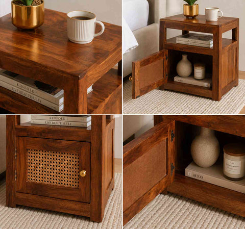 Canejoy Solid Sheesham Wood Bedside Table With 1 Door (Natural Finish)