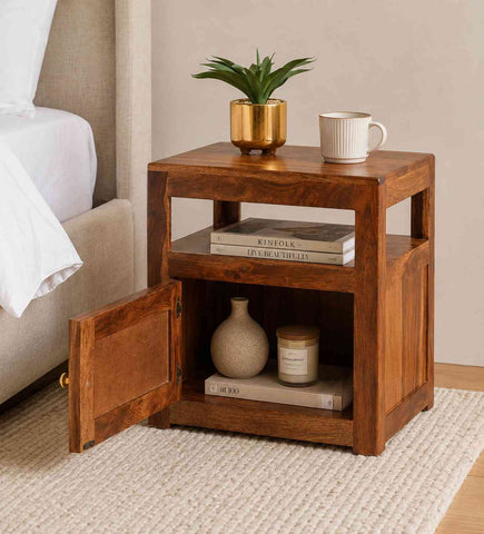Canejoy Solid Sheesham Wood Bedside Table With 1 Door (Natural Finish)