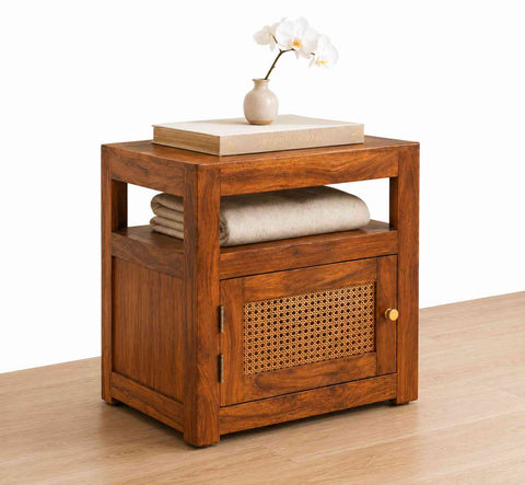 Canejoy Solid Sheesham Wood Bedside Table With 1 Door (Natural Finish)