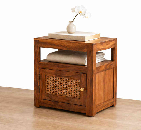 Canejoy Solid Sheesham Wood Bedside Table With 1 Door (Natural Finish)