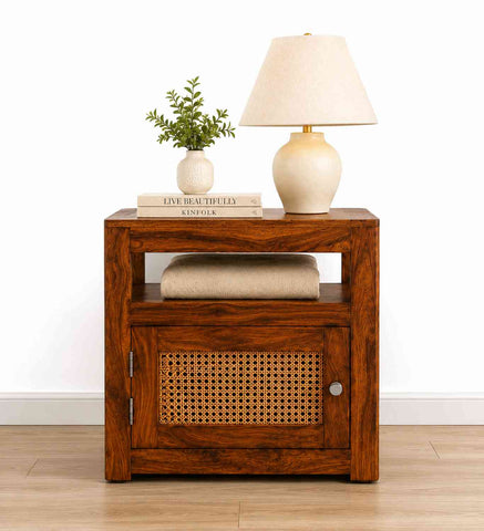 Canejoy Solid Sheesham Wood Bedside Table With 1 Door (Natural Finish)
