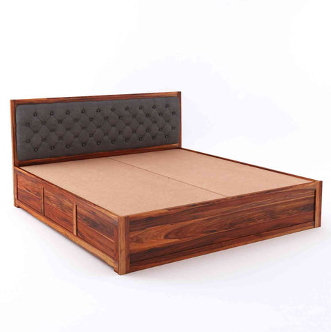 Elementra Solid Sheesham Wood Hydraulic Bed With Box Storage (Queen Size, Natural Finish)