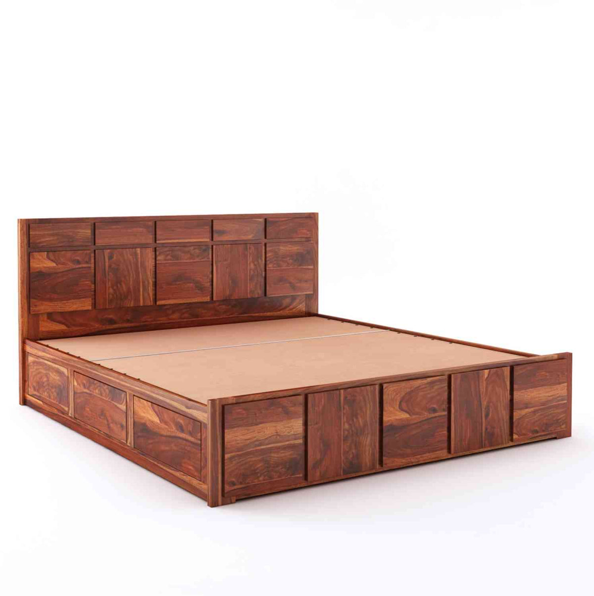 Mobell Solid Sheesham Wood Hydraulic Bed With Box Storage (King Size, Natural Finish)
