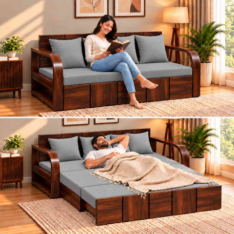 Mobell Solid Sheesham Wood 3 Seater Sofa Cum Bed (Walnut Finish, Light Grey)