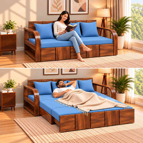 Mobell Solid Sheesham Wood 3 Seater Sofa Cum Bed (Natural Finish, Sky Blue)