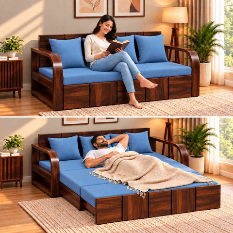 Mobell Solid Sheesham Wood 3 Seater Sofa Cum Bed (Walnut Finish, Sky Blue)