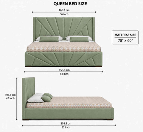 Embrace Premium Fabric Bed With Box Storage (Queen Size, Sage Green)