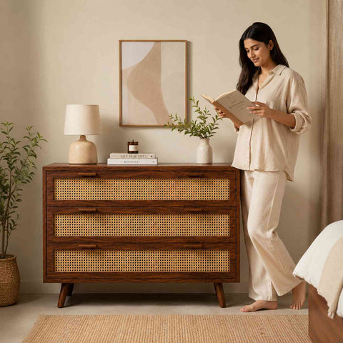 Canejoy Solid Sheesham Wood Chest of Drawers (Natural Finish)