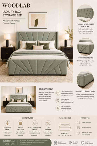 Embrace Premium Fabric Bed With Box Storage (King Size, Sage Green)