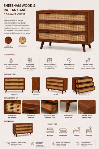 Canejoy Solid Sheesham Wood Chest of Drawers (Natural Finish)