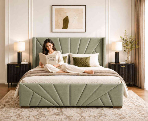 Embrace Premium Fabric Bed With Box Storage (Queen Size, Sage Green)