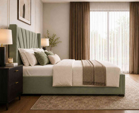 Embrace Premium Fabric Bed With Box Storage (Queen Size, Sage Green)