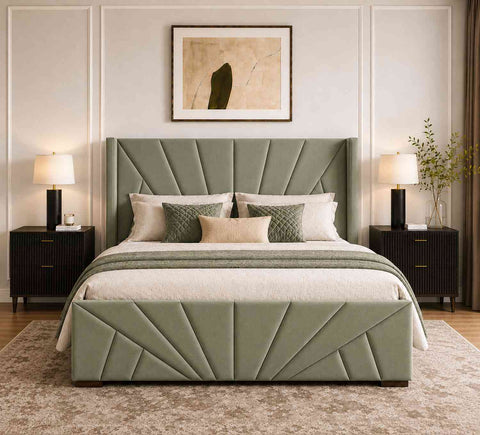Embrace Premium Fabric Bed With Box Storage (King Size, Sage Green)