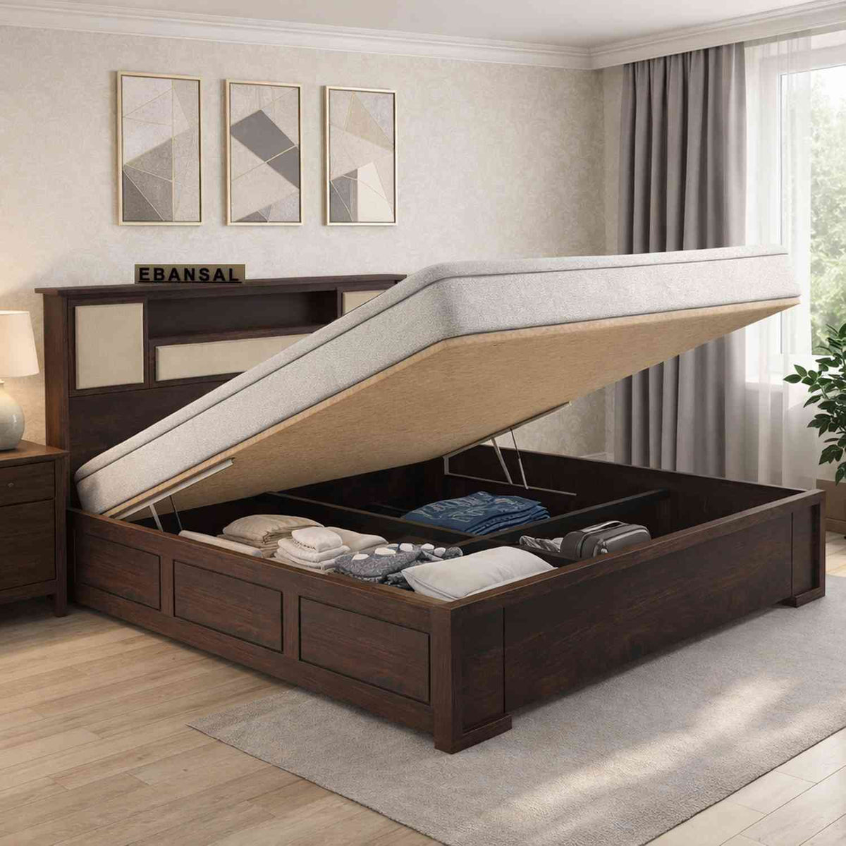 Feelinn Solid Sheesham Wood Hydraulic Bed With Box Storage (King Size, Walnut Finish)
