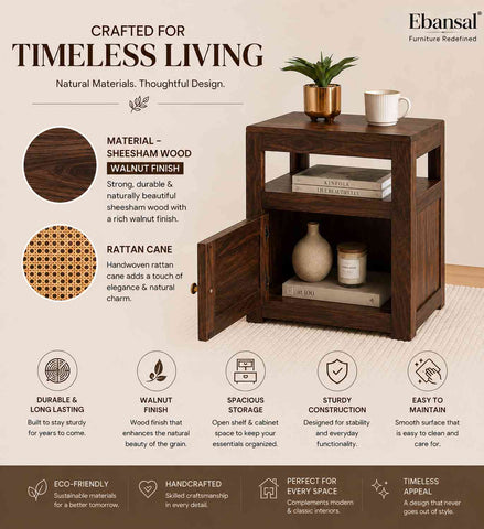 Canejoy Solid Sheesham Wood Bedside Table With 1 Door (Walnut Finish)