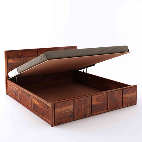 Mobell Solid Sheesham Wood Hydraulic Bed With Box Storage (King Size, Natural Finish)