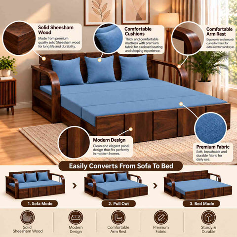 Mobell Solid Sheesham Wood 3 Seater Sofa Cum Bed (Walnut Finish, Sky Blue)