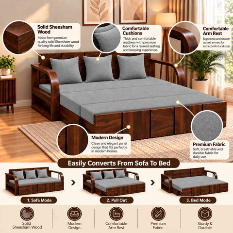 Mobell Solid Sheesham Wood 3 Seater Sofa Cum Bed (Walnut Finish, Light Grey)