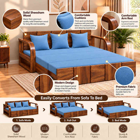 Mobell Solid Sheesham Wood 3 Seater Sofa Cum Bed (Natural Finish, Sky Blue)